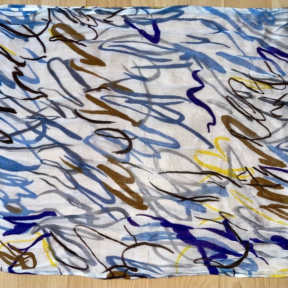 Brown Blue and White Abstract Pattern Print Thin Knit Scarf Shawl with Fringe - Picture 9 of 11